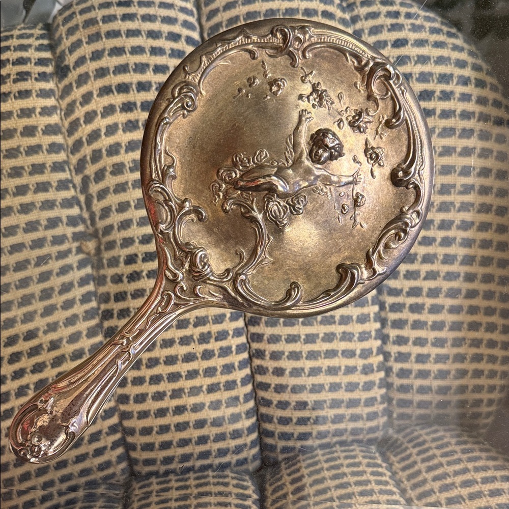 Ornate Cherub Hand Mirror - Silver Plated Tone